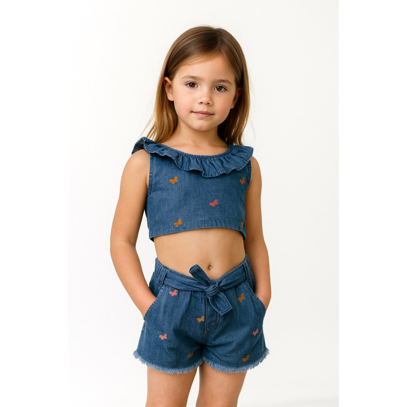 Conjunto vaquero niña con top y short – Bordado mariposas