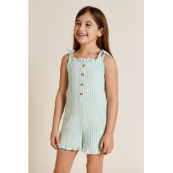 Mono de rayas verde agua y blanco para niña. Ideal para el verano con tirantes ajustables, botones de madera y volantes.