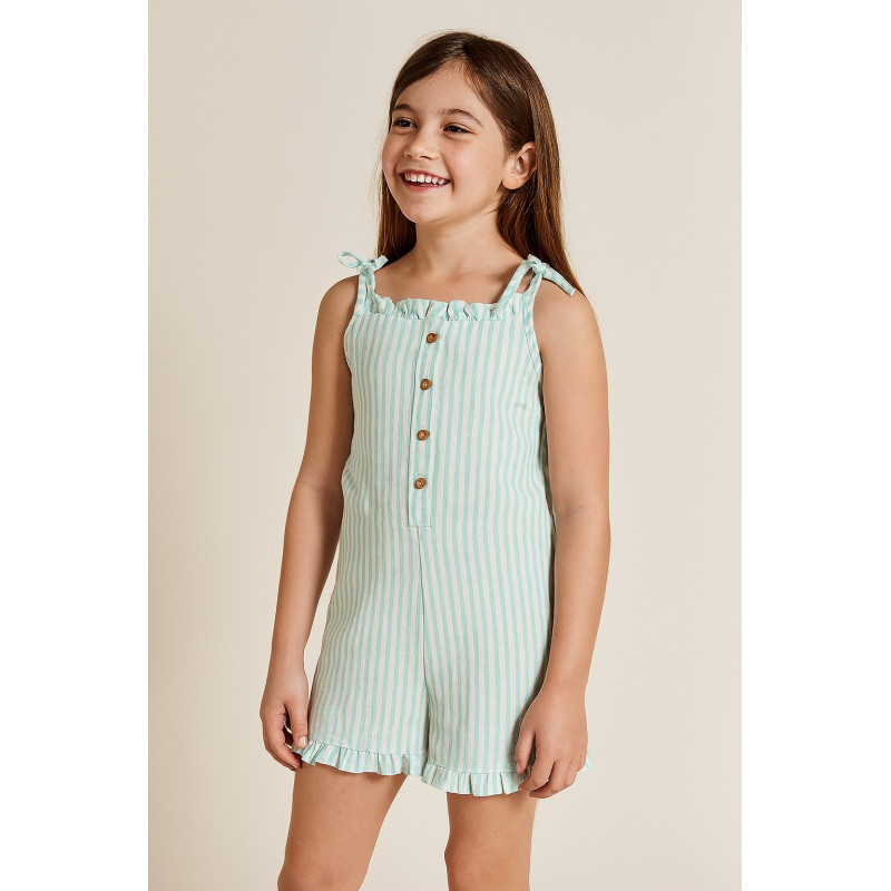 Mono de rayas verde agua y blanco para niña. Ideal para el verano con tirantes ajustables, botones de madera y volantes. Mono de rayas verde agua y blanco para niña. Ideal para el verano con tirantes ajustables, botones de madera y volantes.
