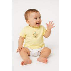 Conjunto bebé niño verano con camiseta amarilla y perrito estampado + cubrepañal estampado.