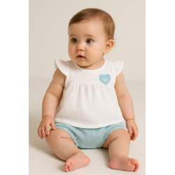 Conjunto bebé niña Mayoral blanco y verde agua – Blusa + braguita punto