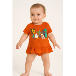 Camiseta naranja bebé niña con dinosaurios y hojas en relieve