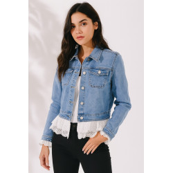 Chaqueta vaquera Denim de mujer con volantes en puños y cintura.