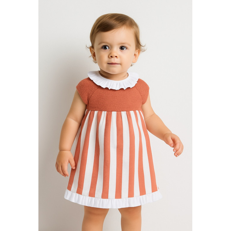 Vestido rayas coral y blanco con punto en el pecho – Juliana