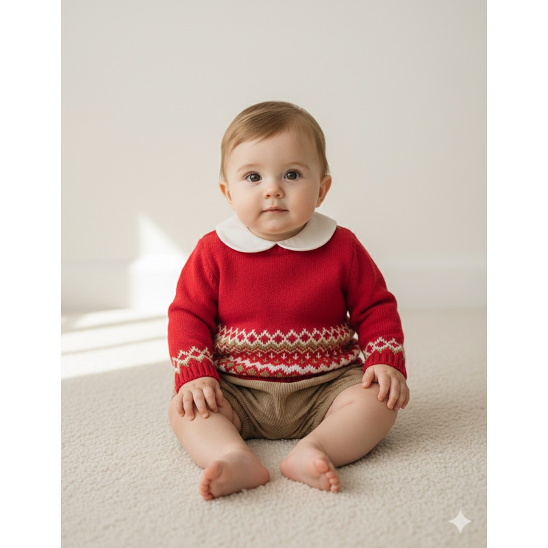 Conjunto bebé Juliana rojo: jersey cenefa y bombacho beige | Otoño-Invierno